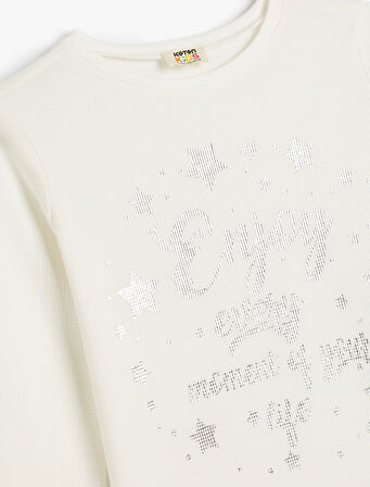 Bisiklet Yaka Uzun Kollu Pamuklu Baskılı Tişört