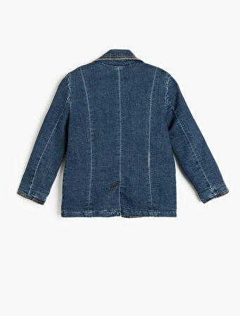 Pamuklu Uzun Kollu Cep Detaylı Kruvaze Yaka Denim Ceket