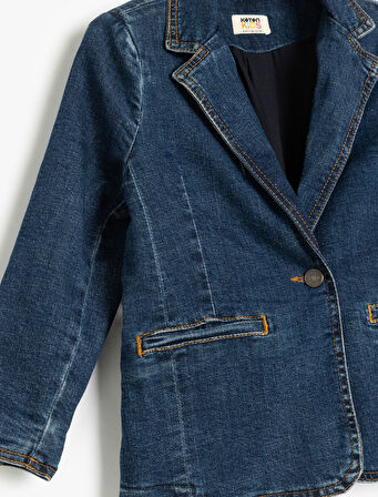 Pamuklu Uzun Kollu Cep Detaylı Kruvaze Yaka Denim Ceket