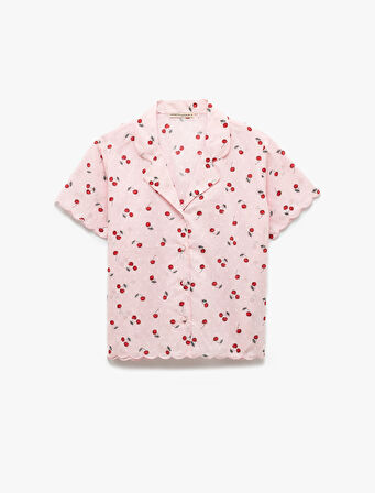 Pamuklu Gömlek Yaka Kiraz Desenli Kısa Kollu Pijama Üstü