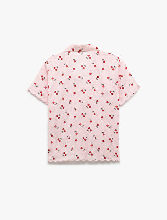 Pamuklu Gömlek Yaka Kiraz Desenli Kısa Kollu Pijama Üstü