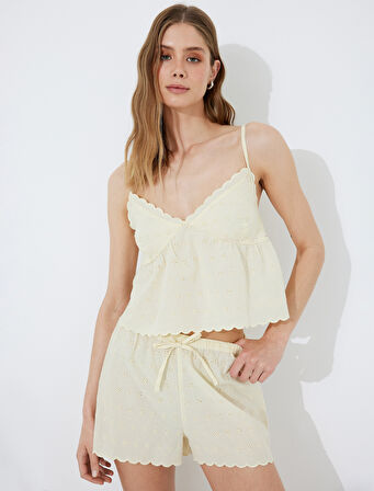 Pamuklu Kolsuz V Yaka İnce Askılı Fistolu Pijama Üstü