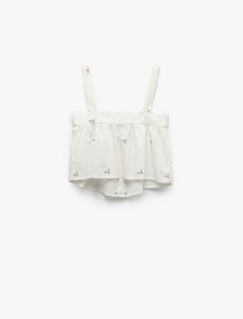 Pamuklu-Keten Karışımlı Askılı Çiçek İşlemeli Crop Pijama Üstü