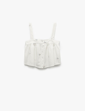 Pamuklu-Keten Karışımlı Askılı Çiçek İşlemeli Crop Pijama Üstü