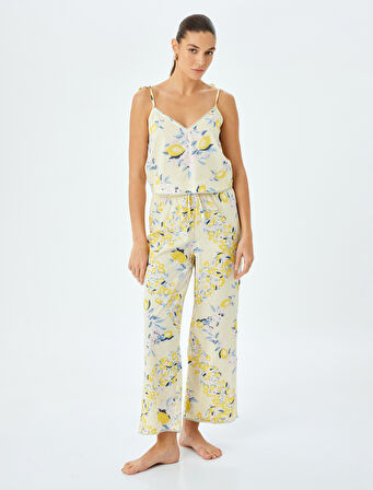 V Yaka İnce Askılı Limon Baskılı Pamuklu Pijama Üstü