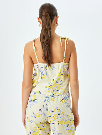 V Yaka İnce Askılı Limon Baskılı Pamuklu Pijama Üstü