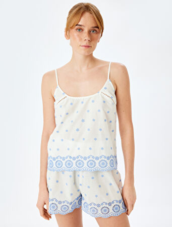 Pamuklu Nakış Detaylı İnce Askılı Fistolu Pijama Üstü