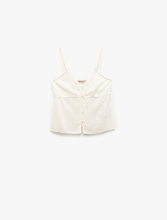 Viskon Düğme Detaylı V Yaka Askılı Crop Pijama Üstü