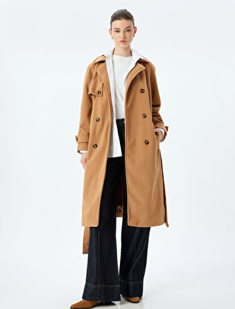 Düğmeli Cepli Kuşak Detaylı Kruvaze Uzun Kaşe Kaban 