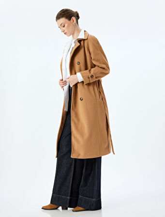 Düğmeli Cepli Kuşak Detaylı Kruvaze Uzun Kaşe Kaban 