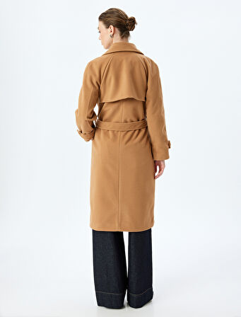 Düğmeli Cepli Kuşak Detaylı Kruvaze Uzun Kaşe Kaban 