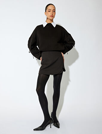 Uzun Kollu Bisiklet Yaka Sallantılı Taş Detaylı Oversize Sweatshirt 