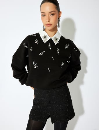 Üç İplik Şardonlu Uzun Kollu Bisiklet Yaka Pullu Payetli Sweatshirt 