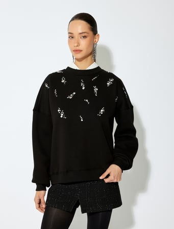 Üç İplik Şardonlu Uzun Kollu Bisiklet Yaka Pullu Payetli Sweatshirt 