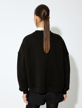 Üç İplik Şardonlu Uzun Kollu Bisiklet Yaka Pullu Payetli Sweatshirt 