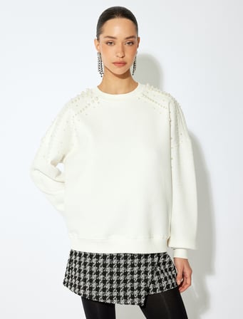 İnci İşleme Detaylı Rahat Kalıp Üç İplik Uzun Kollu Bisiklet Yaka Sweatshirt 
