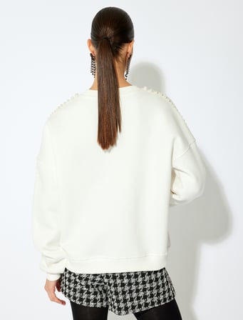 İnci İşleme Detaylı Rahat Kalıp Üç İplik Uzun Kollu Bisiklet Yaka Sweatshirt 