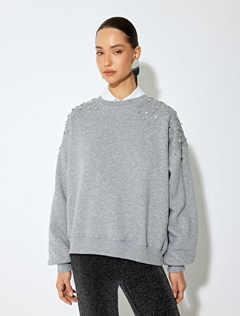 Uzun Kollu Bisiklet Yaka Taşlı Oversize Sweatshirt 