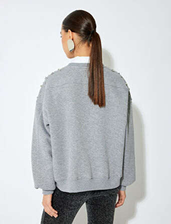 Uzun Kollu Bisiklet Yaka Taşlı Oversize Sweatshirt 