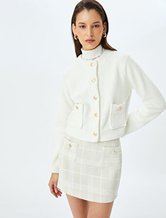 Yuvarlak Yaka Gold Düğme Detaylı Cepli Peluş Hırka