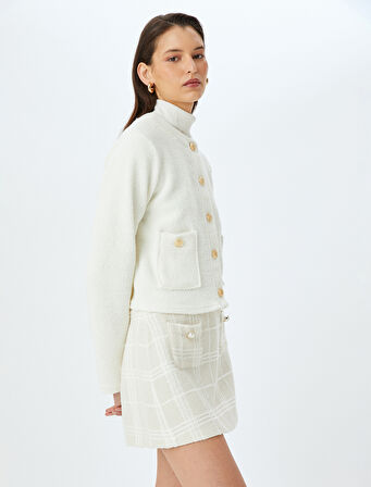 Yuvarlak Yaka Gold Düğme Detaylı Cepli Peluş Hırka