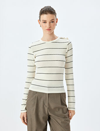 Uzun Kollu Bisiklet Yaka Slim Fit Düğme Detaylı Triko Kazak 