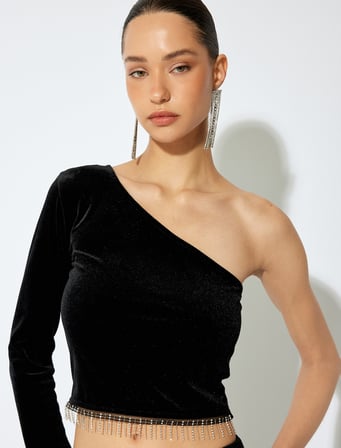 Slim Fit Uzun Kollu Taşlı Tek Omuz Kadife Body