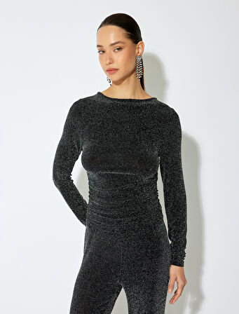 Slim Fit Uzun Kollu Yuvarlak Yaka Parıltılı Body