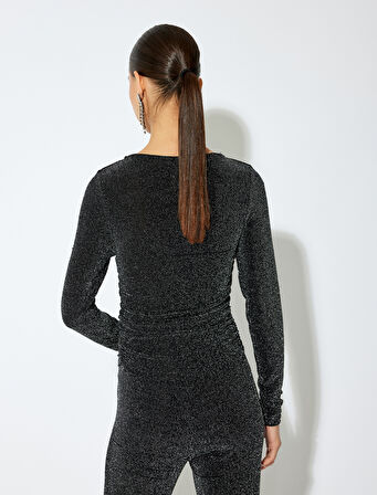 Slim Fit Uzun Kollu Yuvarlak Yaka Parıltılı Body