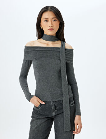 Slim Fit Uzun Kollu Kat Detaylı Omzu Açık Tişört 