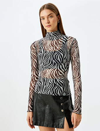 Slim Fit Uzun Kollu Dik Yaka Zebra Desenli Tül Transparan Tişört 