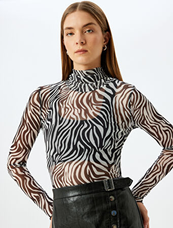 Slim Fit Uzun Kollu Dik Yaka Zebra Desenli Tül Transparan Tişört 