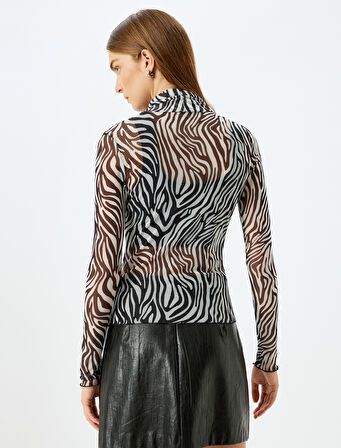 Slim Fit Uzun Kollu Dik Yaka Zebra Desenli Tül Transparan Tişört 