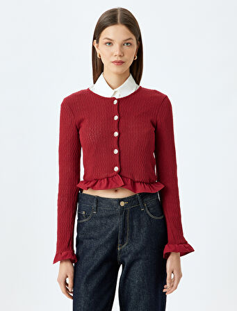 Crop Hırka Düğmeli Fırfır Detaylı Bisiklet Yaka Slim Fit