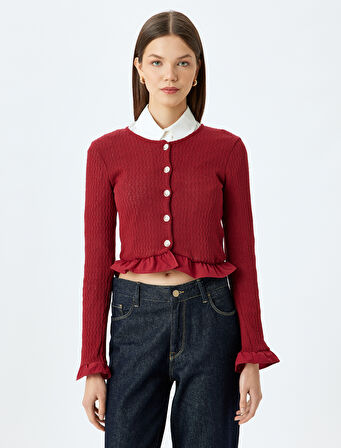 Crop Hırka Düğmeli Fırfır Detaylı Bisiklet Yaka Slim Fit