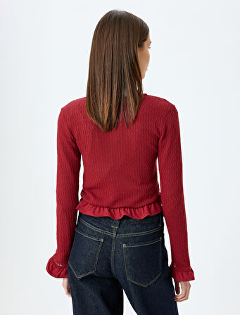 Crop Hırka Düğmeli Fırfır Detaylı Bisiklet Yaka Slim Fit