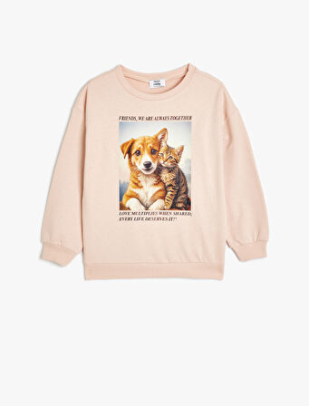 Sweatshirt Bisiklet Yaka Köpek Baskılı Uzun Kollu Pamuklu