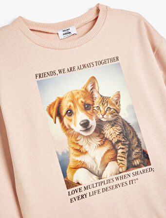 Sweatshirt Bisiklet Yaka Köpek Baskılı Uzun Kollu Pamuklu