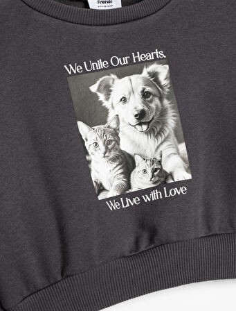 Sweatshirt Köpek Baskılı Bisiklet Yaka Uzun Kollu Şardonlu Pamuklu