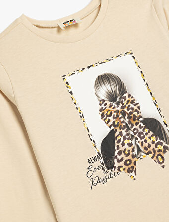 Uzun Kollu Tişört Baskı Detaylı Bisiklet Yaka Pamuklu