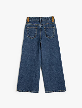 Süet Detaylı Kot Pantolon Geniş Paça Zımbalı Cepli Pamuklu - Wide Leg Jean