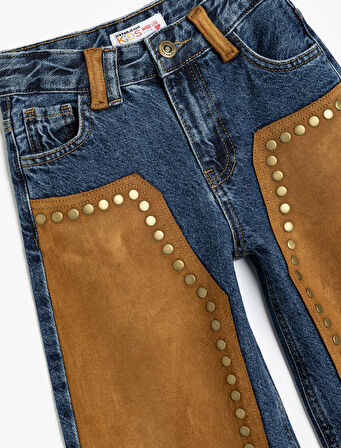 Süet Detaylı Kot Pantolon Geniş Paça Zımbalı Cepli Pamuklu - Wide Leg Jean