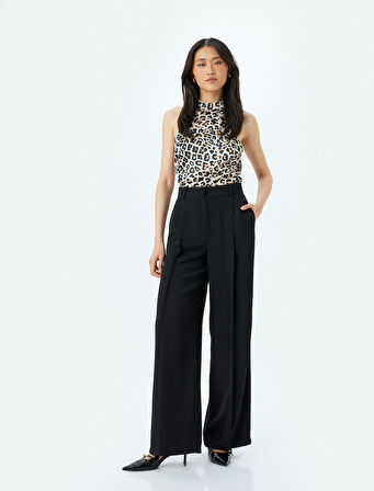 Saten Kolsuz Halter Yaka Leopar Bluz