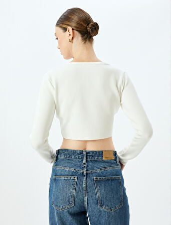 Viskon Uzun Kollu V Yaka Crop Tişört 