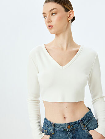 Viskon Uzun Kollu V Yaka Crop Tişört 