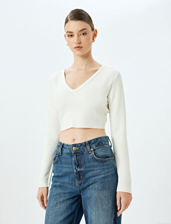 Viskon Uzun Kollu V Yaka Crop Tişört 