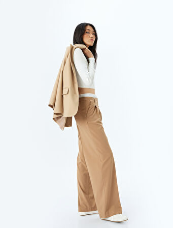 Viskon Kumaş Karışımlı Çift Bel Detaylı Pileli Cepli Kumaş Pantolon