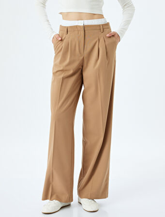 Viskon Kumaş Karışımlı Çift Bel Detaylı Pileli Cepli Kumaş Pantolon