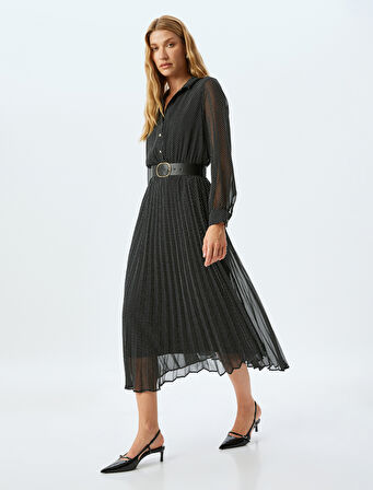 Astarlı Uzun Kollu Gömlek Yaka Düğmeli Kemerli Puantiyeli Uzun Puantiyeli Şifon Elbise 