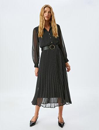 Astarlı Uzun Kollu Gömlek Yaka Düğmeli Kemerli Puantiyeli Uzun Puantiyeli Şifon Elbise 